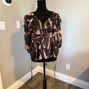 Ted Baker London Brown and Tan Ruffled Blouse with Puff Sleeves